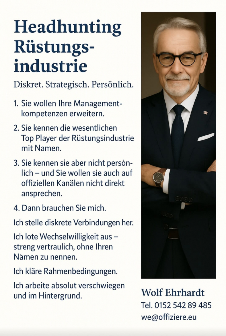 Ein Mann im Anzug mit verschränkten Armen steht neben einem Text, der diskrete Headhunting-Dienste für die Verteidigungsindustrie anbietet, mit den Kontaktdaten von Wolf Ehrhardt.